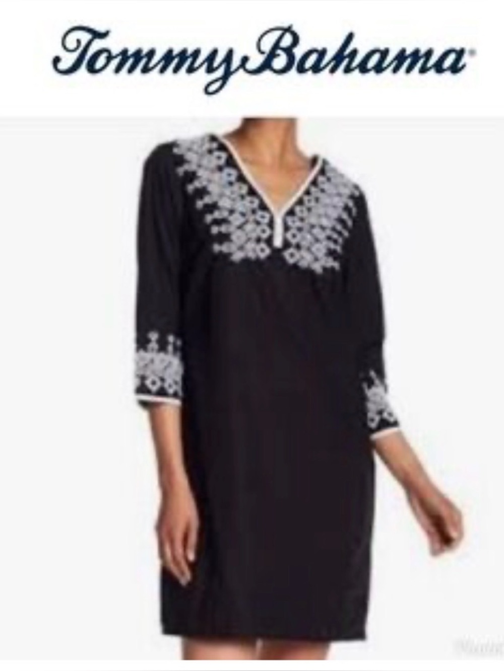 Tommy Bahama Black Tunic Dress with White Embroidered Yoke
